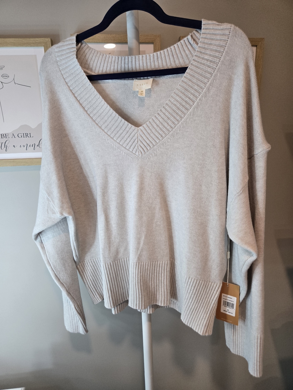 NWT Cyrus Light Gray V-Neck Ribbed Hem Sweater